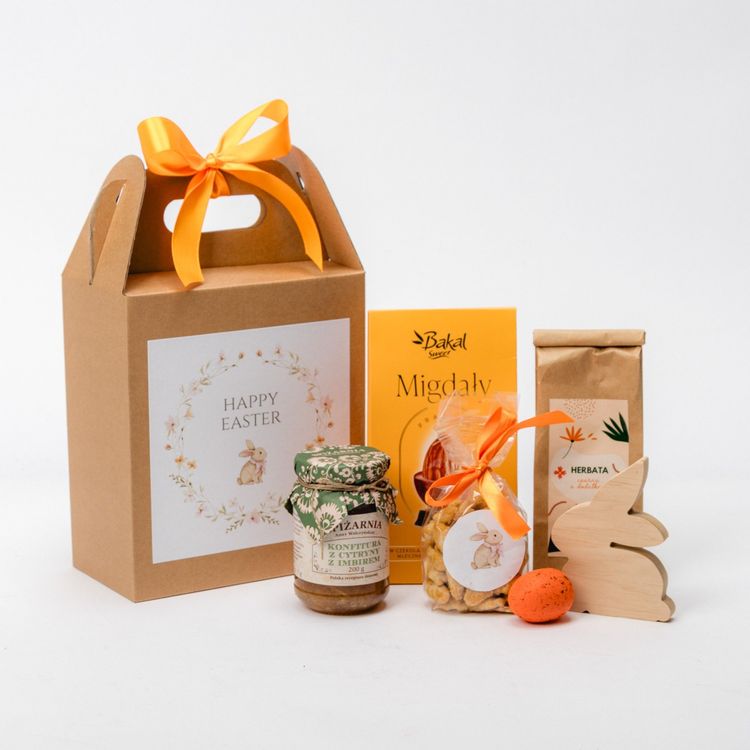 Wiosenny zestaw w pudełku kraft z uchwytami z herbatą, migdałami w czekoladzie, konfiturą i orzeszkami