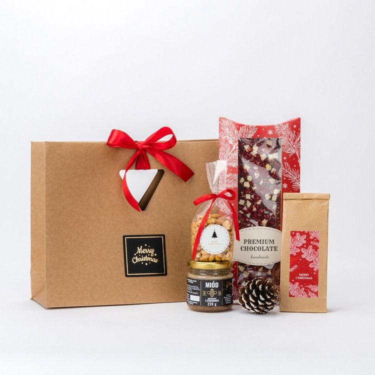 Świąteczna torba papierowa kraft z uchwytami, wstążką i szyszką, czekolada, herbata, miód i orzeszki