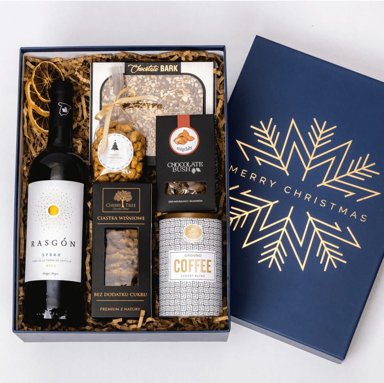 Świąteczny zestaw w niebieskim pudełku premium z czerwonym winem Syrah, czekoladą i kawą