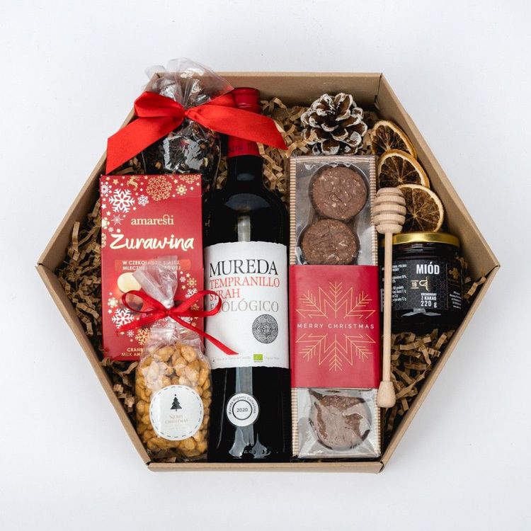 Świąteczne pudełko sześciokątne kraft brązowe z winem Tempranillo, miodem z kakao i słodyczami
