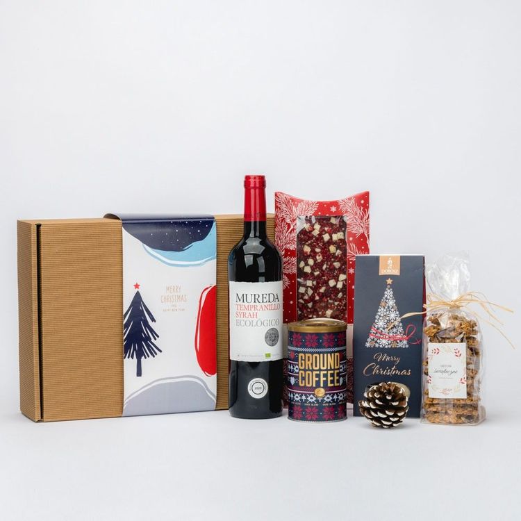 Świąteczny zestaw w brązowym pudełku kraft z winem Mureda i kawą Ground Coffee