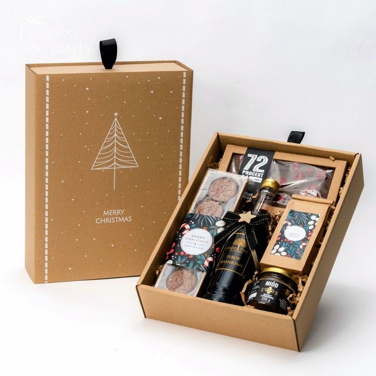 Świąteczne pudełko kraft z magnesem, wstążką i zawartością: syrop wiśniowy, miód, herbata, ciastka, czekolada