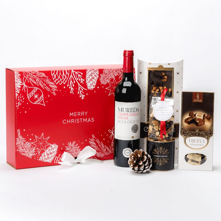 Świąteczny zestaw w czerwonym pudełku z winem Mureda, czekoladą, bakaliami i herbatą