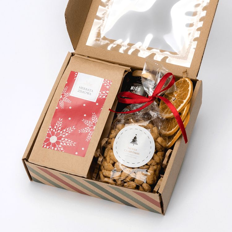 Świąteczne pudełko kraft prostokątne z okienkiem, herbatą, miodem i orzeszkami w karmelu