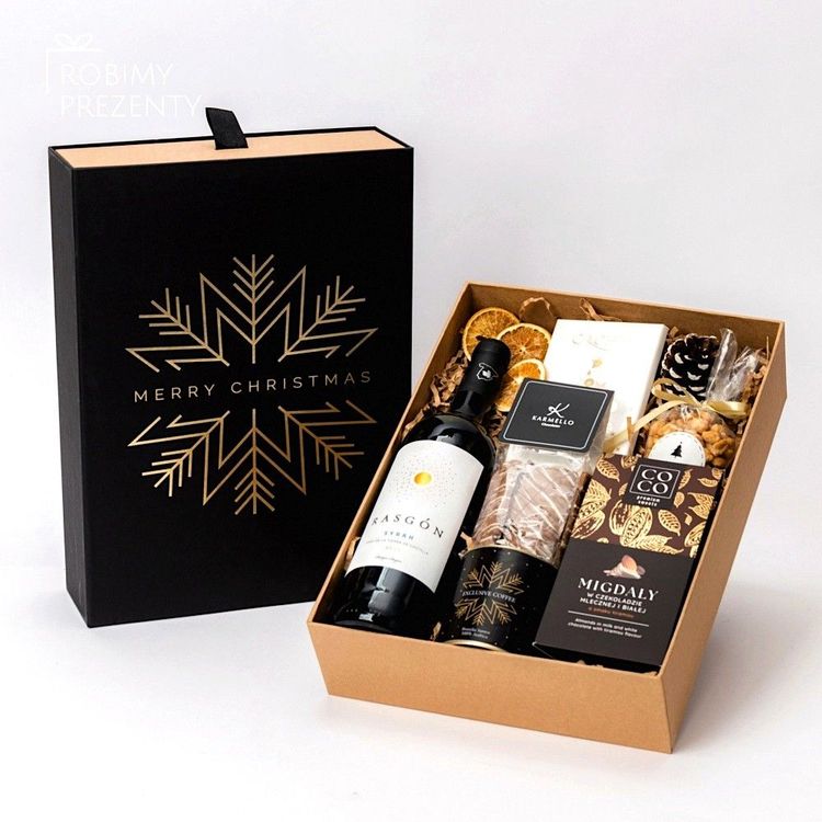 Świąteczny zestaw w czarnym pudełku premium z magnesem, czerwonym winem, kawą i czekoladami