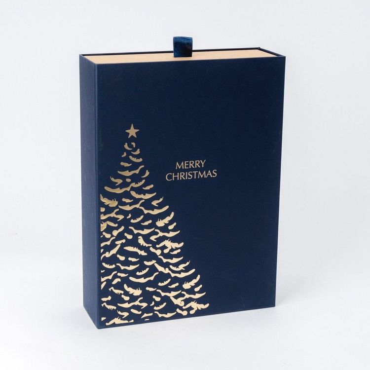 Granatowe prostokątne pudełko świąteczne z złotą choinką i napisem Merry Christmas